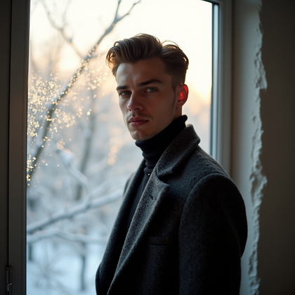 AI-generated photo: Photorealistic dating profile photo of a winter-bright loft where frost blossoms around a tall casem...