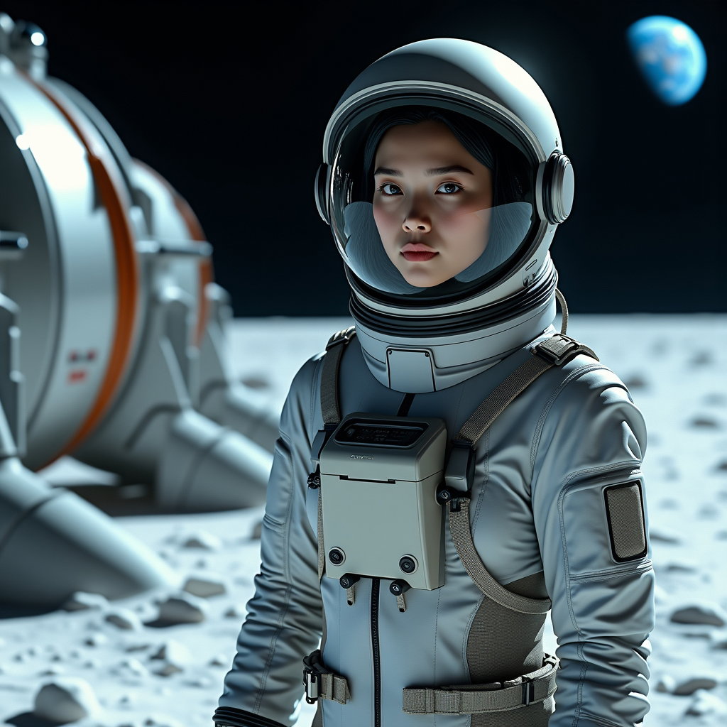 AI-generated photo: Photorealistic sci-fi portrait photography. A lunar explorer stands outside a sleek moon base with E...