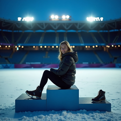 AI-generated photo: Photorealistic sports portrait photography. Athlete is posed on the empty medal podium in an outdoor...