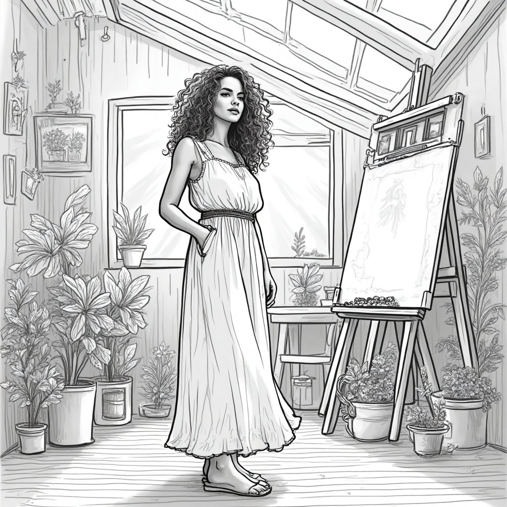 AI-generated photo: **Line Art Drawing.** Create an intricate line art illustration of a young woman standing in a sunli...