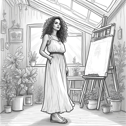 AI-generated photo: **Line Art Drawing.** Create an intricate line art illustration of a young woman standing in a sunli...