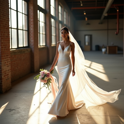 AI-generated photo: Photorealistic wedding photography — sunlit industrial loft with towering steel-framed windows, aged...