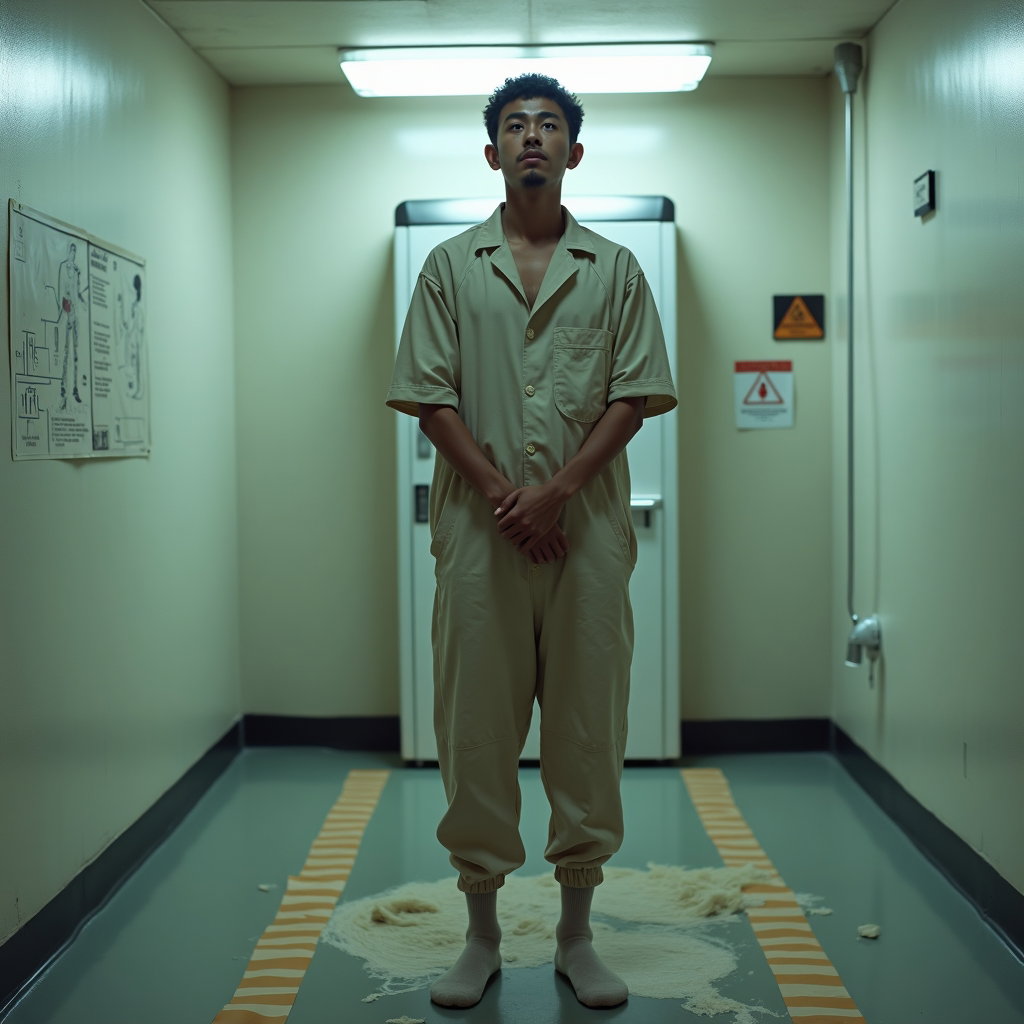 AI-generated photo: Photorealistic prison intake portrait inside a body-scan room, where the subject stands slightly off...