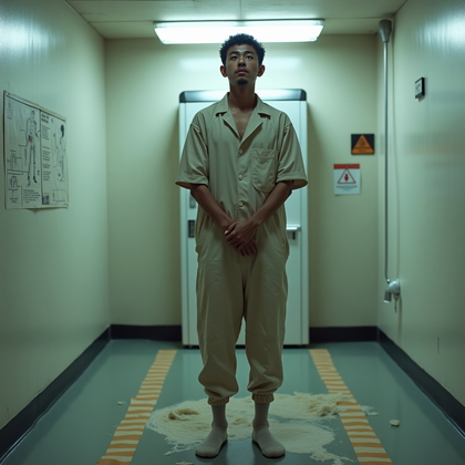 AI-generated photo: Photorealistic prison intake portrait inside a body-scan room, where the subject stands slightly off...
