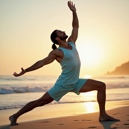 AI-generated photo: Athletic action photo of a man performing an invigorating yoga pose on a serene beach at sunrise. He...