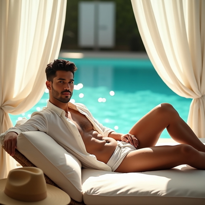 Photobooth portrait photo: poolside cabana set with white gauze curtains billowing, turquoise water bokeh glittering behind and sun-splashed reflections dancing across the scene; subject reclines slightly on a linen daybed in sleek resort styling (lightweight open shirt over minimal swimwear), face angled toward camera with a confident, alluring expression and unobstructed features. A large diffused key simulates shaded daylight while a warm kicker from the water side adds a clean sunlit rim, and a matte sand-toned rug anchors the palette; the composition crops mid-torso for intimacy, with relaxed arm placement and gentle arch through the torso to communicate confidence. Subtle misting adds a fresh sheen to the set, and a straw-brim hat frames the scene nearby without shadowing the face.