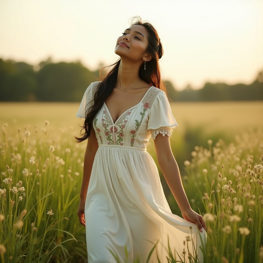 Demi-tour dans la prairie : portrait en pied dans une prairie, pris en contre-plongée, avec une seule personne visible tournant sur place dans de hautes herbes vertes tandis que l’ourlet d’une robe de coton ivoire se soulève…