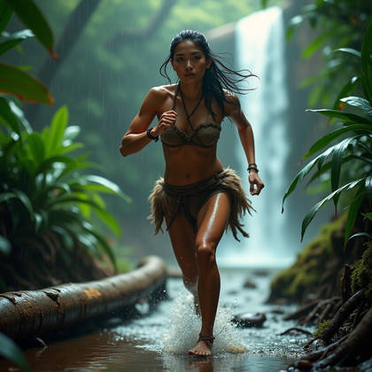 AI-generated photo: Photorealistic outdoor action portrait: Sprinting down a jungle trail under monsoon rain, the subjec...