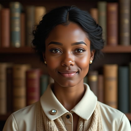 Vintage Bookshop Aisle Portrait With a Secretive Smile example: Photorealistic profile/avatar portrait photography. Tight vertical crop from the shoulders up in front of softly blurred