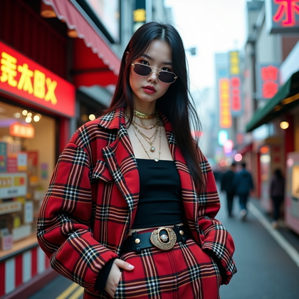 AI-generated photo: Photorealistic fashion portrait, a visually saturated Harajuku street-style editorial set in a livel...