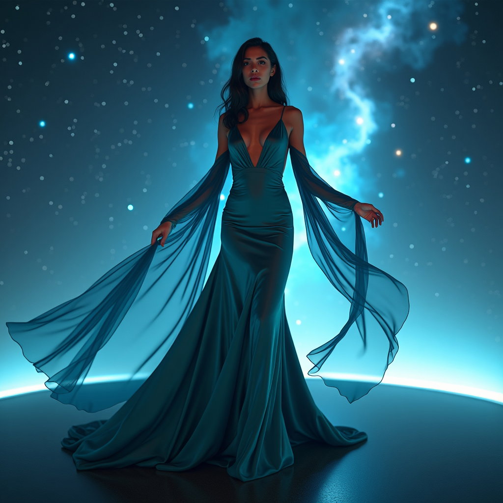 AI-generated photo: Photorealistic cinematic fashion portrait photography, a figure standing on a low, minimal platform ...