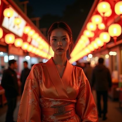 AI-generated photo: Fashion editorial photography, a premium nighttime festival portrait designed around an elegant Japa...