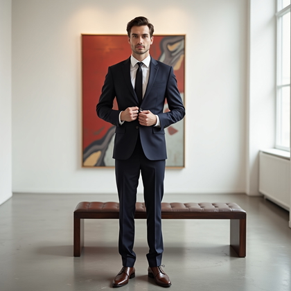 AI-generated photo: Photorealistic wedding portrait photograph in a minimalist contemporary art museum gallery with whit...