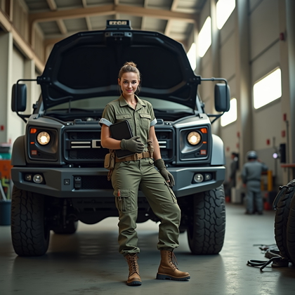 AI-generated photo: Photorealistic military vehicle mechanic in a motor pool, standing in front of an armored vehicle wi...