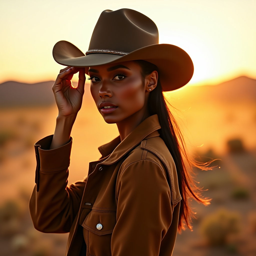 AI-generated photo: Fashion editorial photography, a glowing desert-western fashion portrait staged during late golden h...