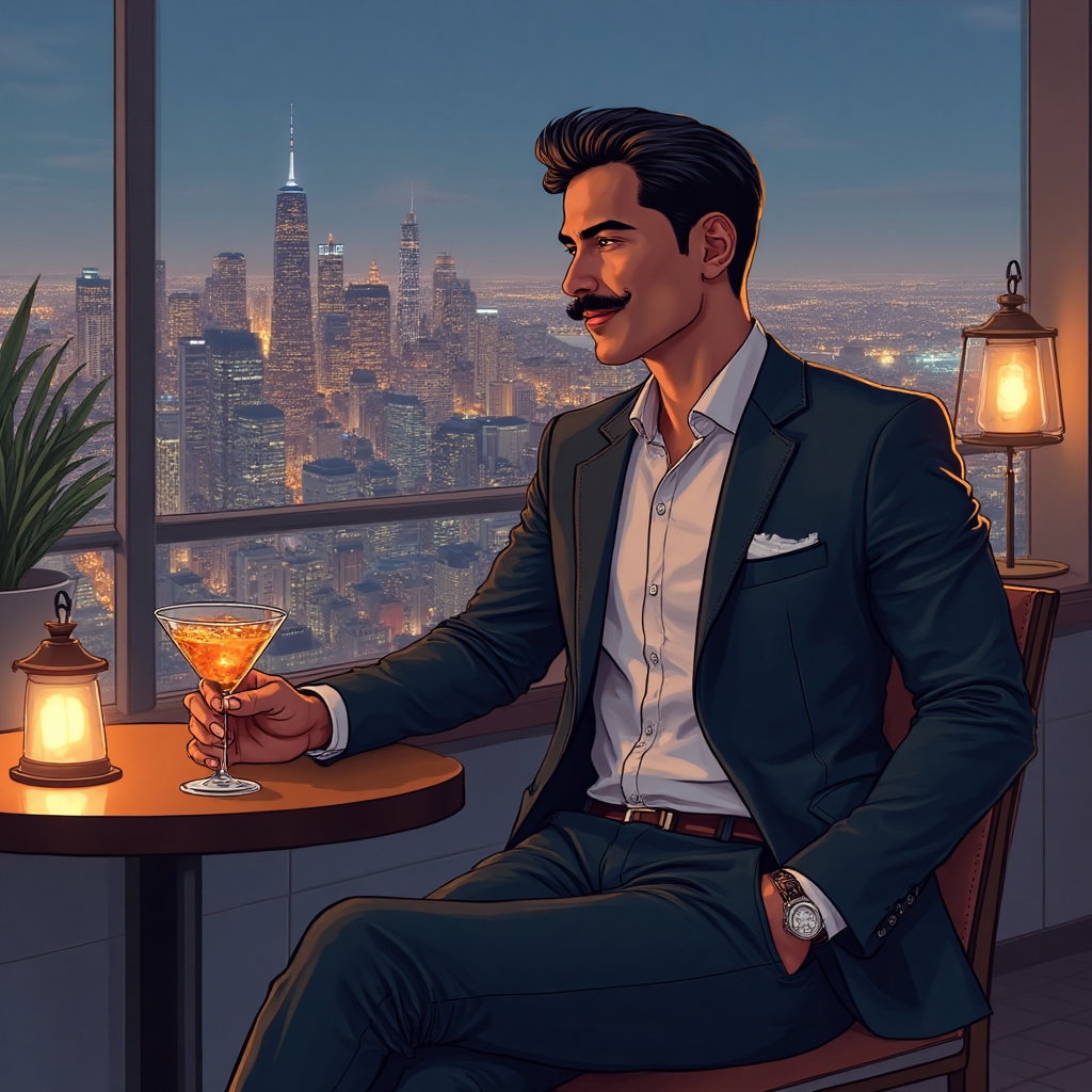 AI-generated photo: **Photorealistic line art profile portrait set in an upscale rooftop bar overlooking a city skyline ...
