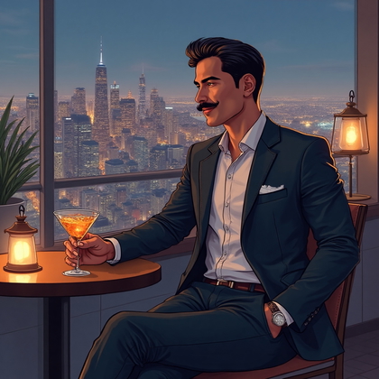 AI-generated photo: **Photorealistic line art profile portrait set in an upscale rooftop bar overlooking a city skyline ...