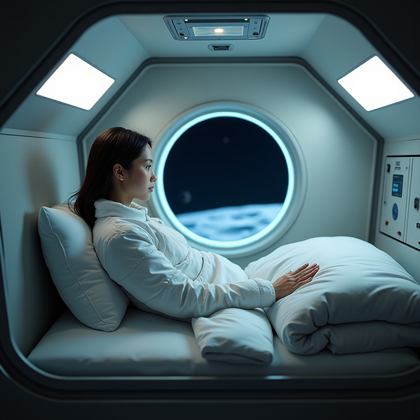 AI-generated photo: Cinematic photorealistic portrait photography, inside a compact moon base sleeping pod where a solit...
