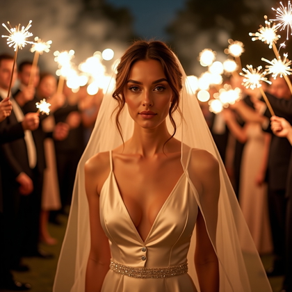 AI-generated photo: Photorealistic wedding photography during a sparkler send-off, framed between two arcs of guests who...