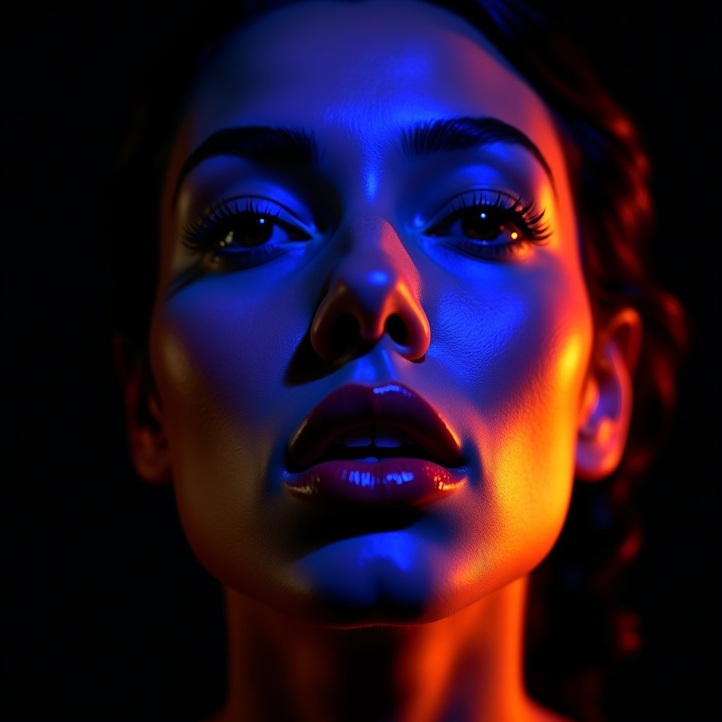 AI-generated photo: Photorealistic studio beauty portrait. Face-only crop with the face perfectly centered and slightly ...