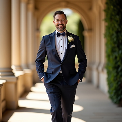 AI-generated photo: Photorealistic wedding portrait photography of a confident mid-stride walk along a sunlit stone colo...
