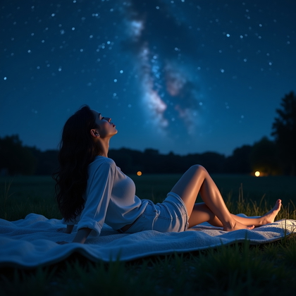AI-generated photo: Photorealistic night-sky lifestyle portrait, full-body view of a person reclining on a soft blanket ...