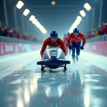 AI-generated photo: Photorealistic sports action photograph of a bobsled team launching their sled at the start of a run...