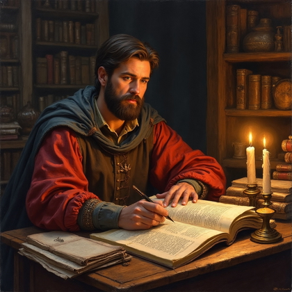 AI-generated photo: Renaissance oil painting. A scholarly male figure seated at a wooden desk cluttered with scrolls and...