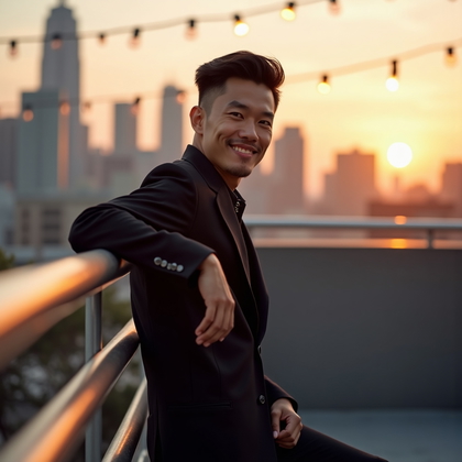Photorealistic dating profile photo on a rooftop at golden hour with distant skyline bokeh, string lights above, and a brushed metal railing anchoring the foreground for depth. Three-quarter crop with a slight angle to camera, one side resting on the railing, torso subtly turned, dressed in a sleek, city-chic outfit that suggests effortless style. Warm backlight creates a glowing rim while soft bounce adds gentle fill, keeping the face clearly visible with confident posture and a genuine, charismatic expression directed into the lens.