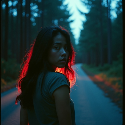 Forest Chase Over-the-Shoulder Portrait example: Retro VHS horror portrait photo. Unexpected over-the-shoulder forest chase concept framed like a distressed late-night m
