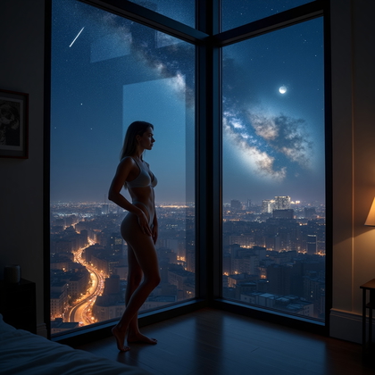 AI-generated photo: Photorealistic portrait photography. At night in a modern loft, a person stands barefoot at a giant ...