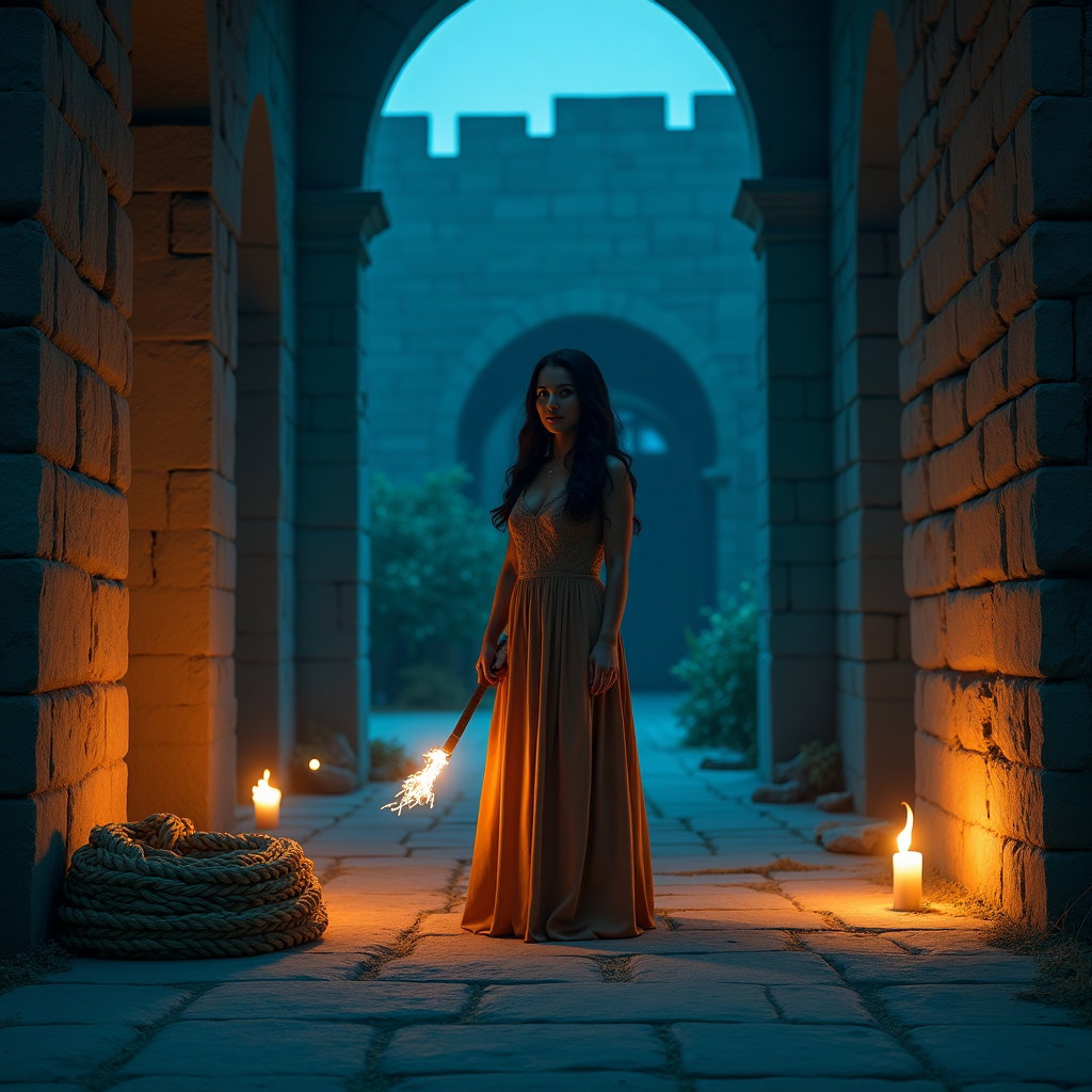 Solo Theseus Labyrinth Torch-Bearer Portrait example: Cinematic mythological portrait photography, environmental portrait set in a vast open chamber of the labyrinth, with th