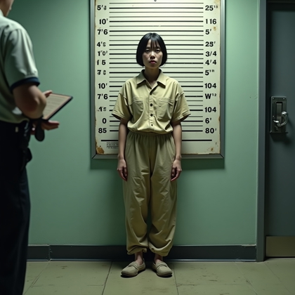 AI-generated photo: Photorealistic prison intake lineup photo, showing an inmate standing full-length in front of a heig...