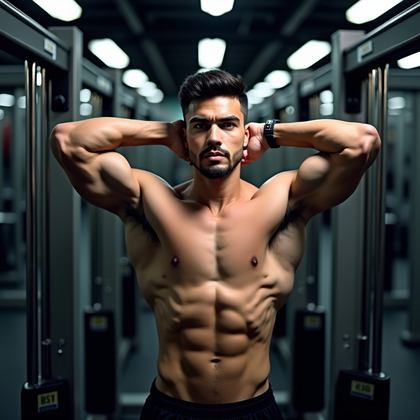 AI-generated photo: Photorealistic fitness photography beneath ceiling strip lights in a modern weight area, the subject...