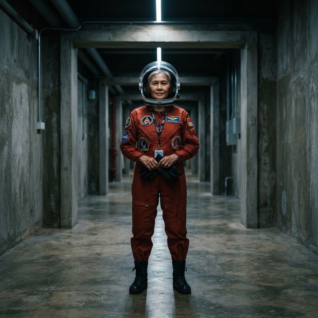 Astronaut in a Concrete Corridor: Symmetrical full-body photo in an underground concrete corridor with repeating square doorframes.