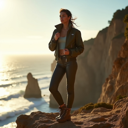 AI-generated photo: Photorealistic lifestyle fashion photograph on wind-swept coastal cliffs at late afternoon, with the...
