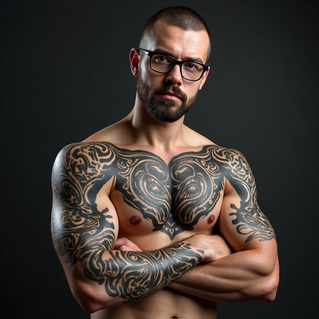 AI-generated photo: Photorealistic photography of a man with a tribal-style Maori tattoo on his upper arm, featuring bol...