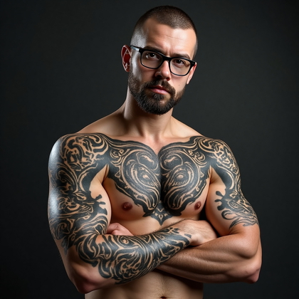 AI-generated photo: Photorealistic photography of a man with a tribal-style Maori tattoo on his upper arm, featuring bol...