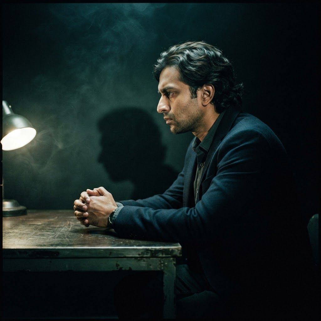 Interrogation Lamp: Side-profile interrogation portrait, one visible person seated at a narrow table with clasped hands silhouetted against the lamp glow, dark…