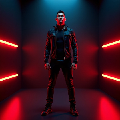 AI-generated photo: Photorealistic gaming portrait photography. The subject stands in a minimalist studio space transfor...