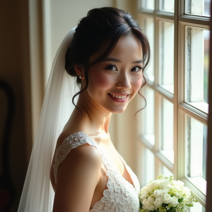 AI-generated photo: Photorealistic window‑light bridal portrait photography in a heritage manor window bay with antique ...