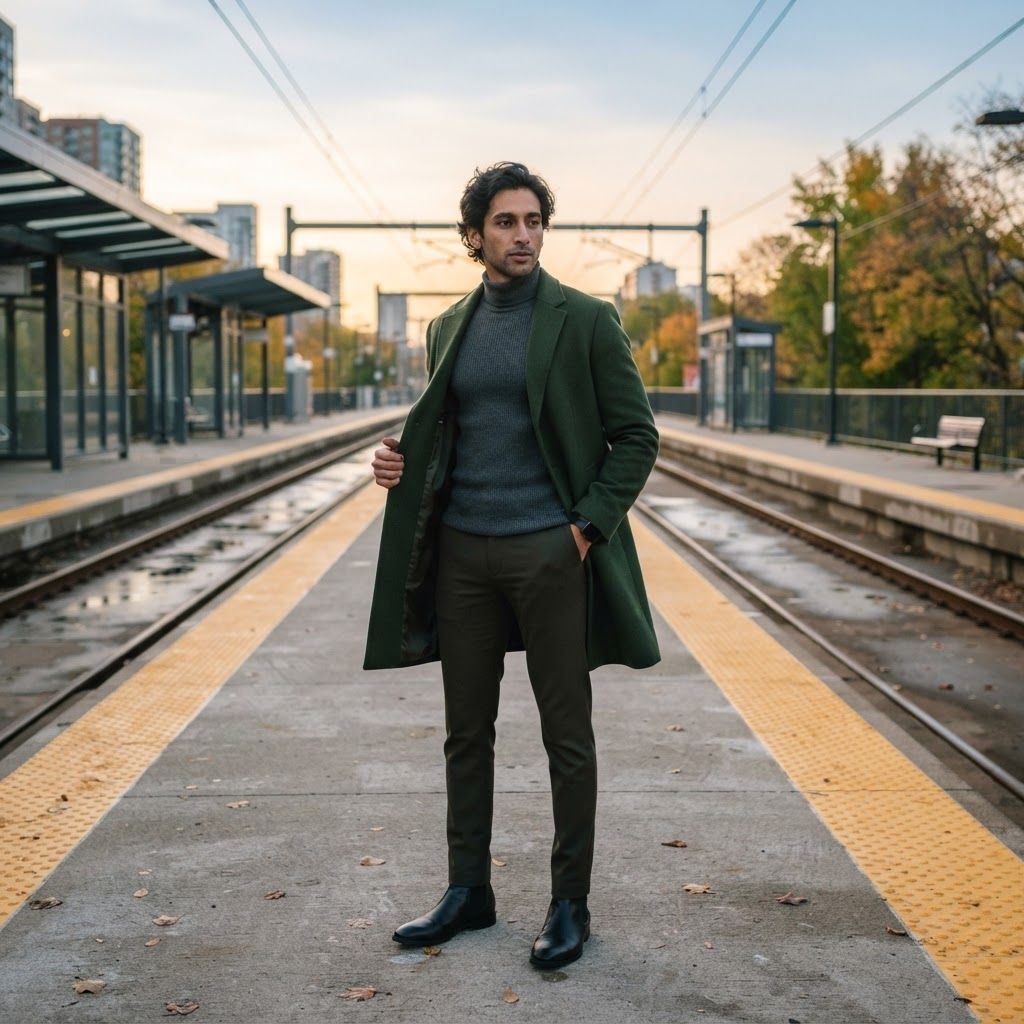 Longline Coat at a Train Platform: Urban autumn fashion photo at an empty open-air train platform just after sunrise.