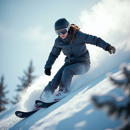 AI-generated photo: Photorealistic winter sports lifestyle photo of a confident power stance midway down a wind-scoured ...