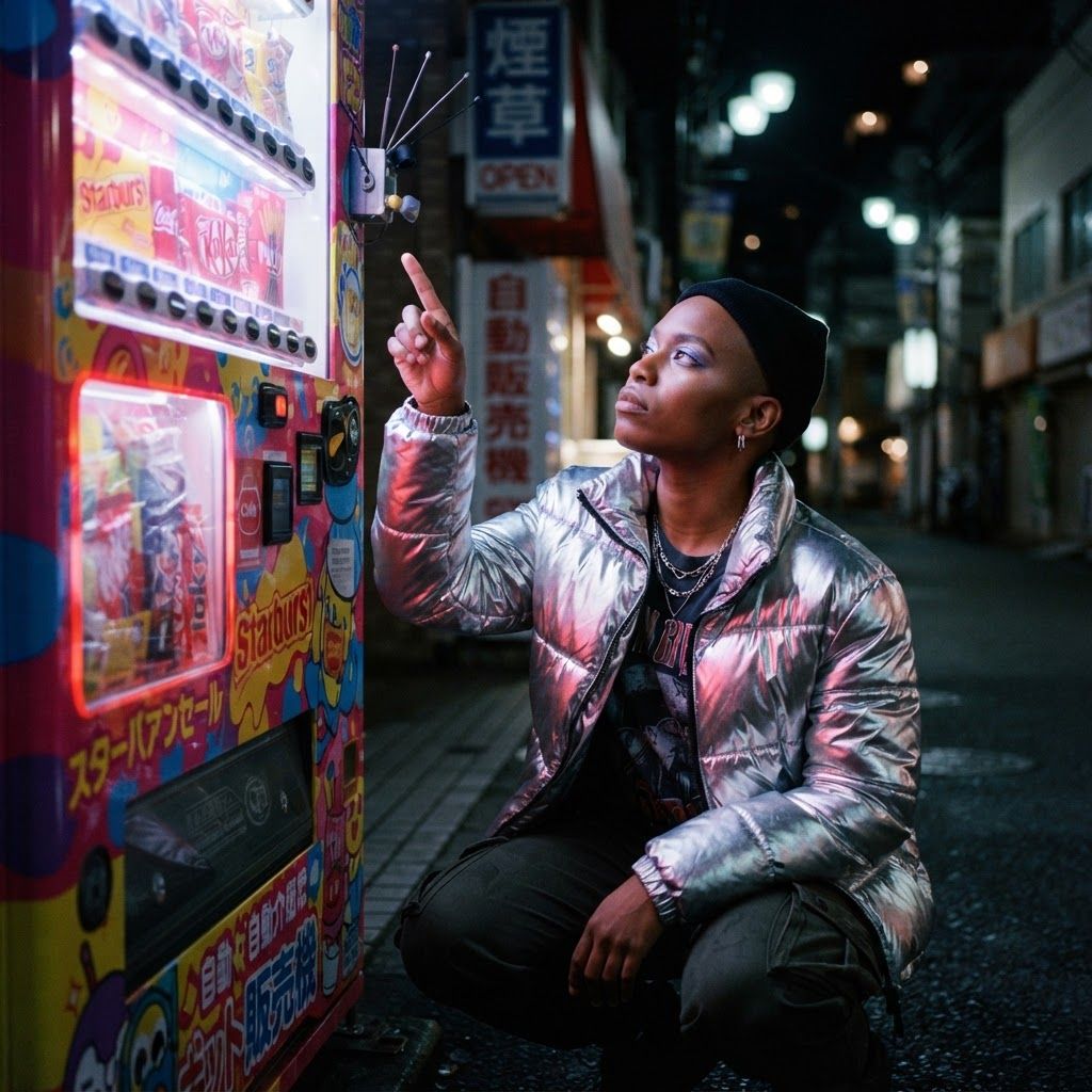Retro Space Alien Under Colorful Night Lights: Slightly high-angle portrait beside a candy-colored vending machine on a quiet night street.