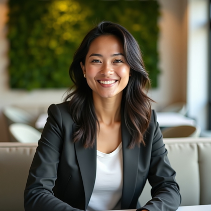 AI-generated photo: Professional headshot photo in a biophilic corporate café corner with a moss panel and pale birch te...