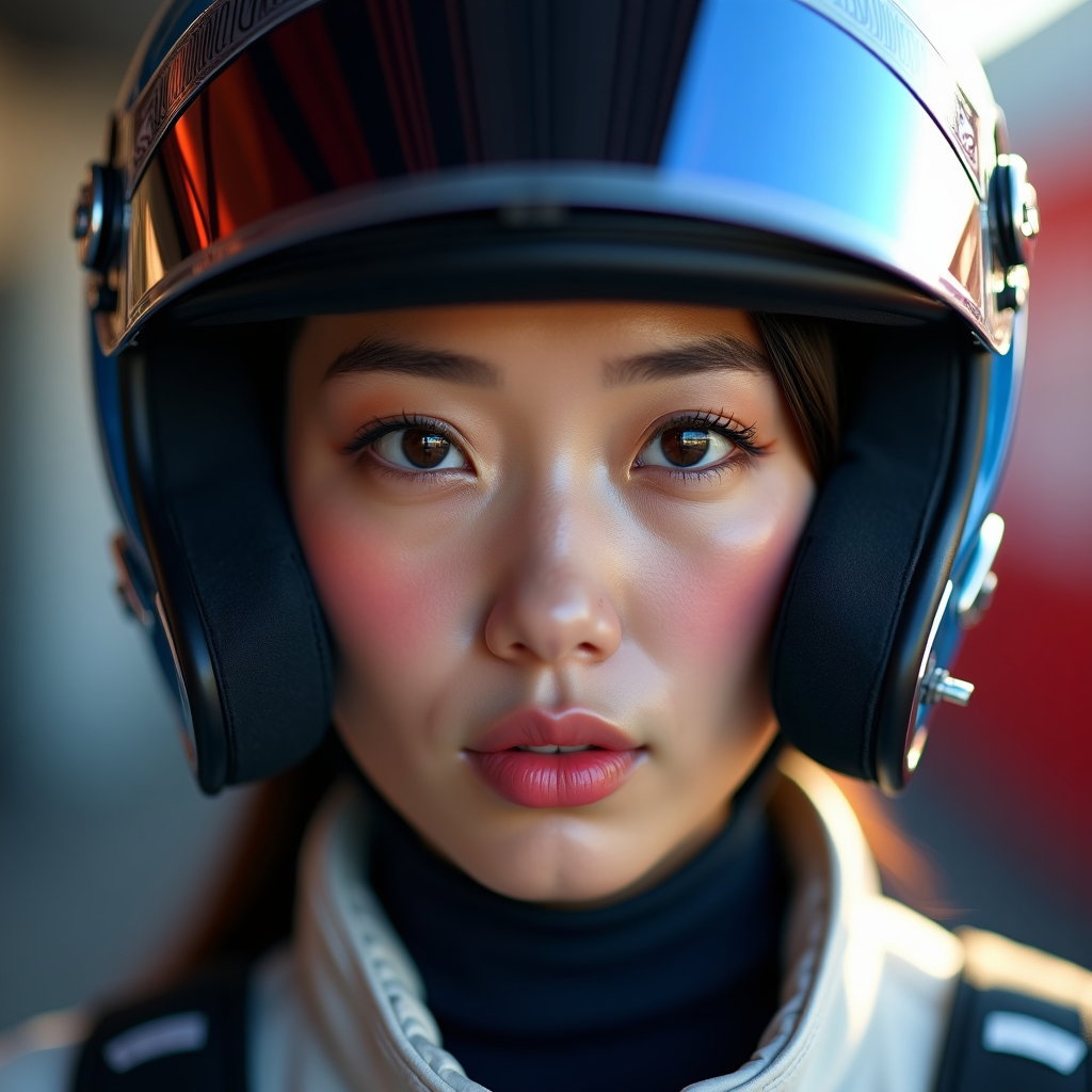 Post-Session Helmet-in-Hand Portrait example: Photorealistic motorsport portrait photography. Tight close-up portrait just outside a team garage after a session, helm