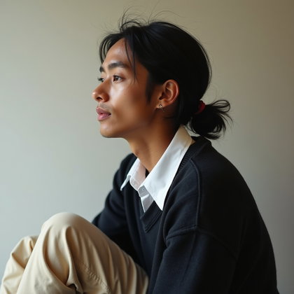 Floor-Sitting Portrait Surrounded by Scattered Pages example: Photorealistic profile portrait photography. Tight square avatar-style crop from a slightly elevated angle, with the sub