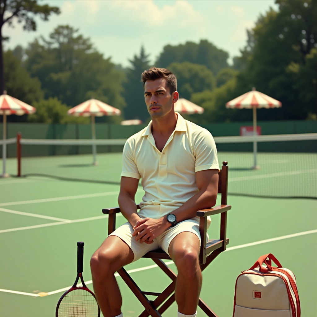 Vintage 70s Tenniscore Portraits example: Photorealistic vintage 1970s environmental portrait. Subject seated on a wooden umpire chair with face clearly visible,