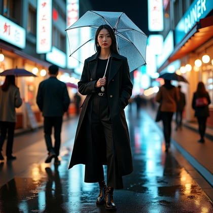 AI-generated photo: Fashion editorial street photography, a high-style rainy street portrait in a Japanese shopping lane...