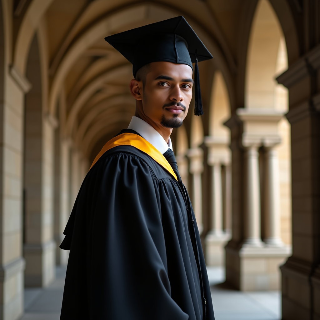AI-generated photo: Professional portrait photography, a graduate in formal commencement attire stands in sharp side pro...